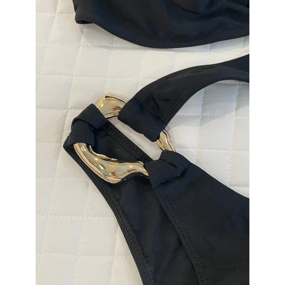 Monokini Black Asymmetric Cut Out Swimsuit with‎ Gold Hardware Small